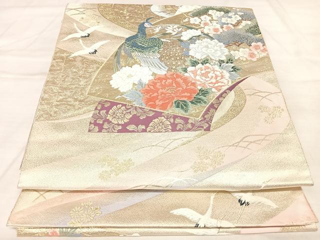 平和屋着物◎六通柄袋帯 唐織 流水扇寿花鳥文 九百錦 金糸 正絹 逸品 AABM9814yx