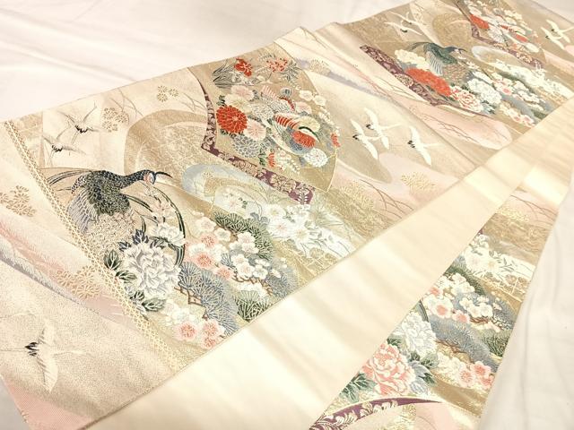 平和屋着物◎六通柄袋帯 唐織 流水扇寿花鳥文 九百錦 金糸 正絹 逸品 AABM9814yx
