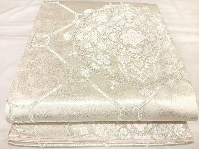 平和屋着物◎六通柄袋帯 唐織 吉祥鏡裏華文 銀糸 正絹 逸品 AABM9819yx