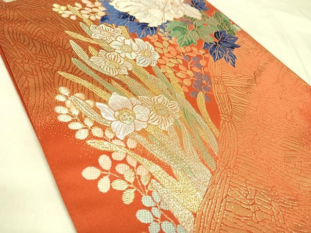 平和屋着物◎西陣 まいづる謹製 六通柄袋帯 唐織 牡丹 水仙文 正絹 逸品 未使用 AABM9823yx