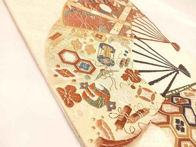 平和屋着物◎西陣 小森織物謹製 六通柄袋帯 唐織 扇面吉祥宝尽くし 金糸 正絹 逸品 AABM9843yx