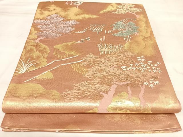 平和屋着物◎六通柄袋帯 唐織 風景文 金糸 正絹 逸品 AABM9851yx