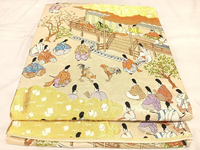 平和屋着物◎六通柄袋帯 唐織 雲取古代人物文 金糸 正絹 逸品 AABM9862yx