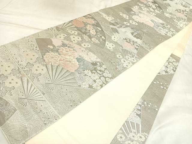 平和屋着物◎六通柄袋帯 唐織 扇面吉祥花文 九百錦 プラチナ二重箔 正絹 逸品 AABM9865yx