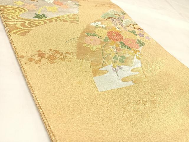 平和屋着物◎綴れ 太鼓柄袋帯 地紙草花文 金銀糸 正絹 逸品 AABM9869yx