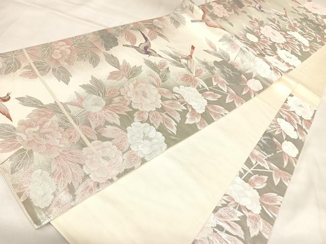 平和屋着物◎六通柄袋帯 唐織 花鳥文 銀糸 正絹 逸品 AABM9878yx