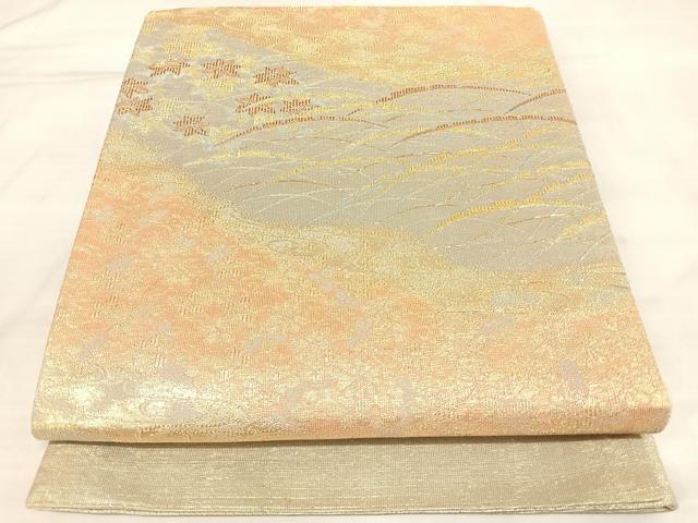 平和屋着物◎六通柄袋帯 流水雪芝花文 金糸 正絹 逸品 AABM9894yx