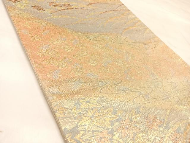 平和屋着物◎六通柄袋帯 流水雪芝花文 金糸 正絹 逸品 AABM9894yx