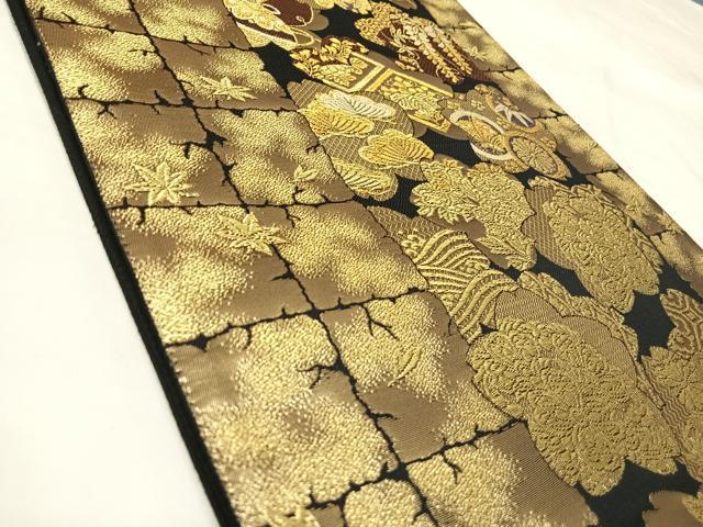 平和屋着物◎六通柄袋帯 吉祥花間道 黒地 金糸 正絹 逸品 AABM9901yx