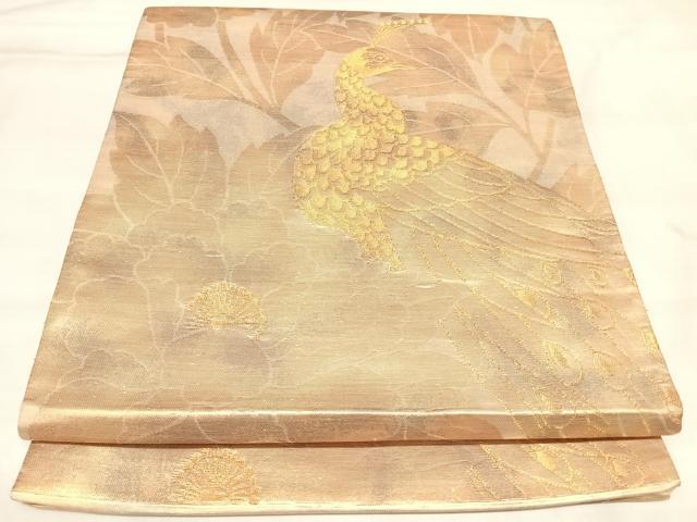平和屋着物◎六通柄袋帯 孔雀花文 金糸 引箔 正絹 逸品 AABM9908yx
