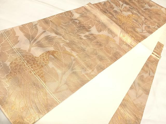 平和屋着物◎六通柄袋帯 孔雀花文 金糸 引箔 正絹 逸品 AABM9908yx