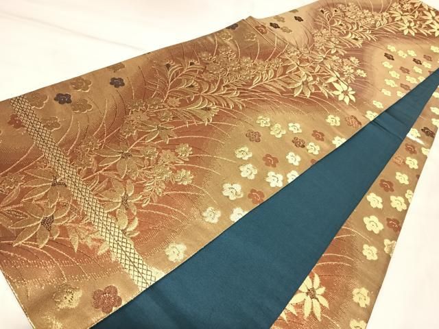 平和屋着物◎全通柄袋帯 道長草花文 金糸 正絹 逸品 AABM9935yx
