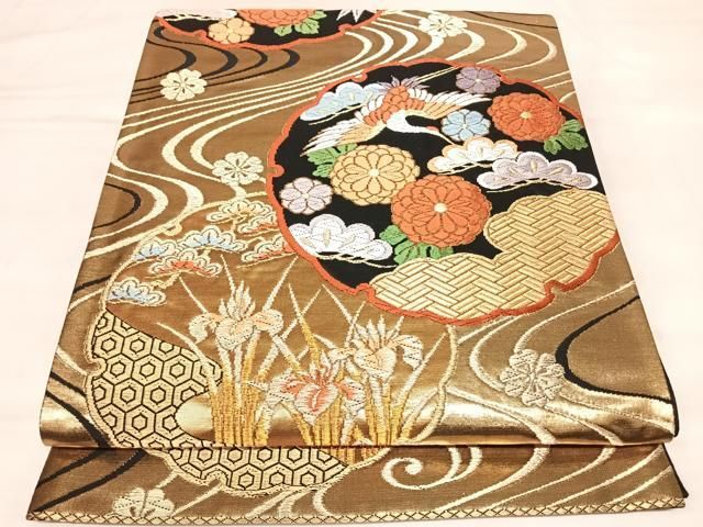 平和屋着物◎六通柄袋帯 唐草 雪輪立波飛鶴吉祥松花文 金糸 正絹 逸品 AABM9952yx