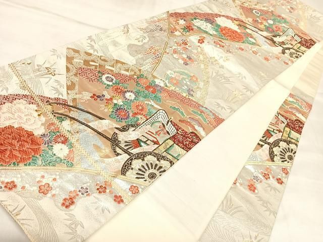 平和屋着物◎六通柄袋帯 唐織 檜扇御所車文 金銀糸 正絹 逸品 AABM9961yx