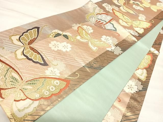 平和屋着物◎全通柄袋帯 唐織 花間道 舞蝶文 金銀糸 正絹 逸品 AABM9971yx