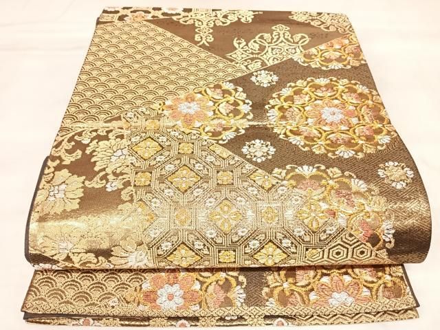 平和屋着物◎六通柄袋帯 裂取正倉院吉祥花文 金銀糸 正絹 逸品 AABM9979yx