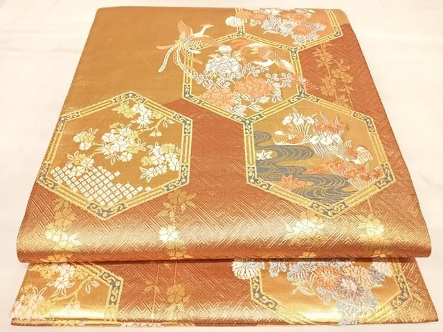 平和屋着物◎佐賀錦 太鼓柄袋帯 唐織 紗綾形鳳凰鴛鴦枝花文 金糸 正絹 逸品 AABM9982yx