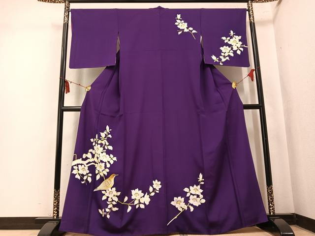 平和屋着物●訪問着 手描き 枝花に休み鳥 正絹 逸品 AABN0408ph