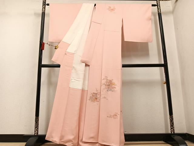 平和屋着物●訪問着 蘇州刺繍 総刺繍 御所車檜扇草花文 正絹 逸品 AABN0409ph