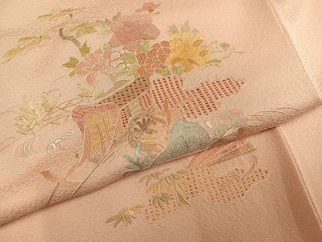 平和屋着物●訪問着 蘇州刺繍 総刺繍 御所車檜扇草花文 正絹 逸品 AABN0409ph