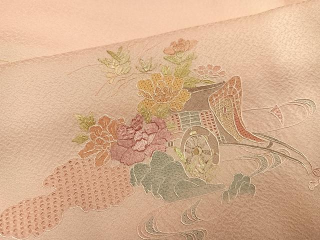 平和屋着物●訪問着 蘇州刺繍 総刺繍 御所車檜扇草花文 正絹 逸品 AABN0409ph