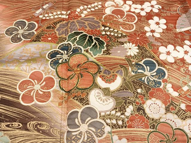 平和屋着物●豪華振袖 駒刺繍 群鶴檜扇花文 暈し染め 金彩 正絹 逸品 AABN0422ph