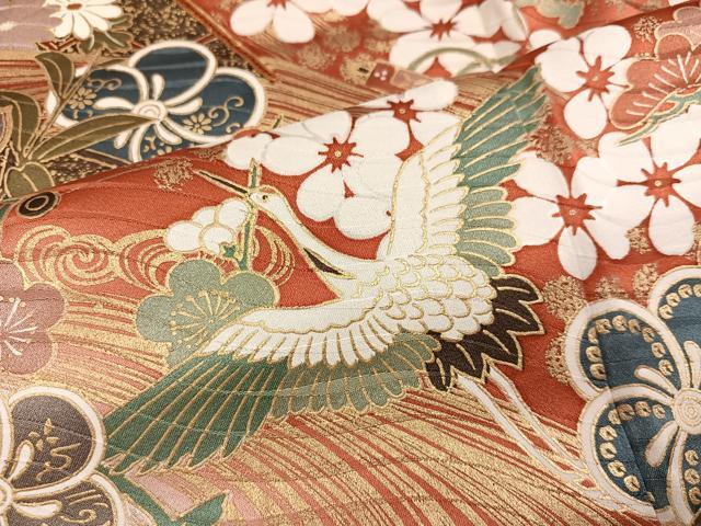平和屋着物●豪華振袖 駒刺繍 群鶴檜扇花文 暈し染め 金彩 正絹 逸品 AABN0422ph