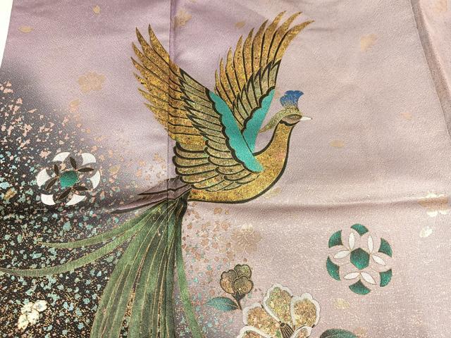 平和屋着物●豪華振袖 尾長鳥花文 暈し染め 金彩 金通し地 正絹 逸品 AABN0423ph