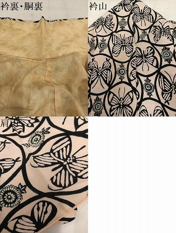 平和屋着物●工芸小紋 型染め 花蝶丸文 鬼しぼ縮緬 正絹 逸品 AABN0435ph