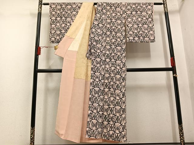 平和屋着物●工芸小紋 型染め 花蝶丸文 鬼しぼ縮緬 正絹 逸品 AABN0435ph