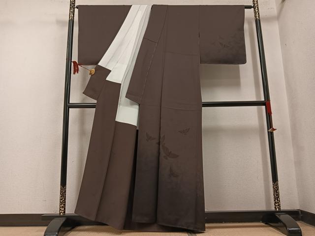 平和屋着物●染色作家 斉藤三才 無地絵羽訪問着 三才鳥 樺茶色 丹後ちりめん 反端付き 正絹 逸品 AABN0444ph