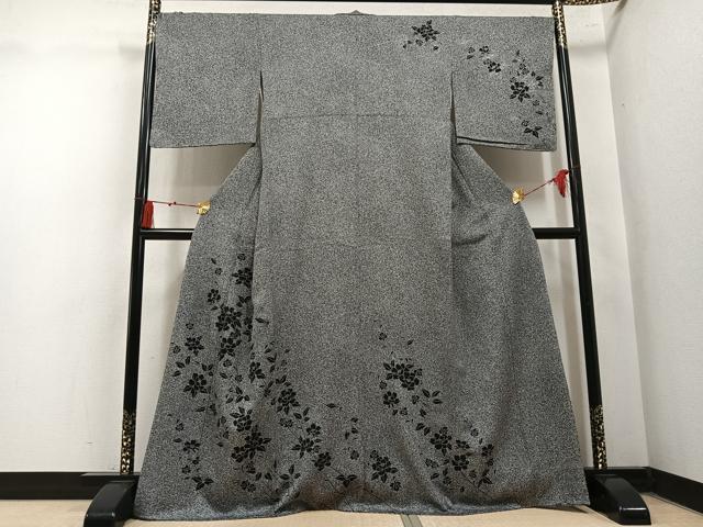 平和屋着物●訪問着 草花文 たたき染め 黒地 銀彩 正絹 逸品 AABN0474ph