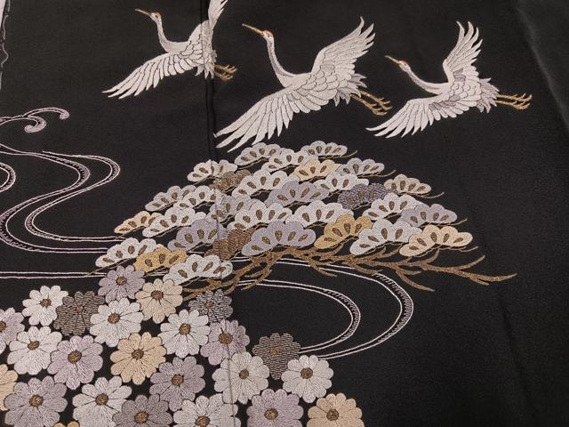 平和屋着物●豪華黒留袖 総刺繍 群れ鶴立波草花文 金糸 正絹 逸品 AABN0486ph