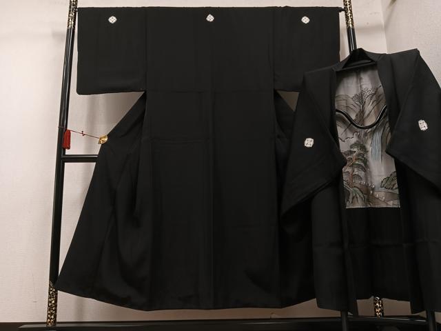 平和屋着物●男性 黒紋付・羽織セット 正絹 逸品 AABN0493ph