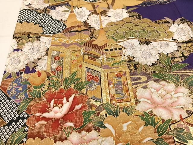 平和屋着物●豪華振袖 御所車草花文 金彩 正絹 逸品 AABN0514ph