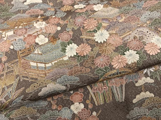 平和屋着物●中国三大刺繍 汕頭刺繍 スワトウ刺繍 訪問着 松竹梅風景文 暈し染め 金糸 正絹 逸品 AABN0529ph