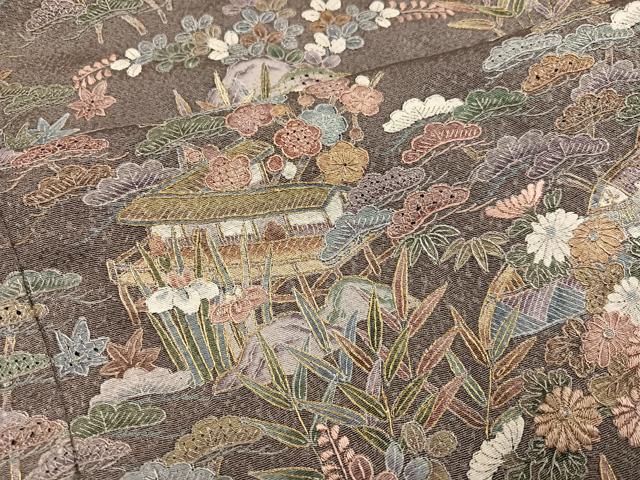 平和屋着物●中国三大刺繍 汕頭刺繍 スワトウ刺繍 訪問着 松竹梅風景文 暈し染め 金糸 正絹 逸品 AABN0529ph