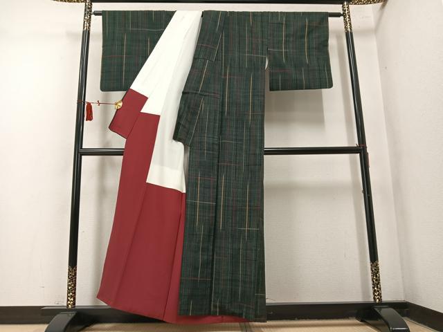 平和屋着物●郡上紬 草木染 格子 正絹 逸品 AABN0547ph