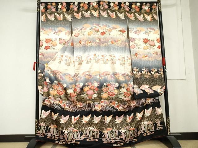 平和屋着物●豪華振袖 駒刺繍 鴛鴦舞蝶文 暈し染め 金彩 正絹 逸品 AABN0575cs