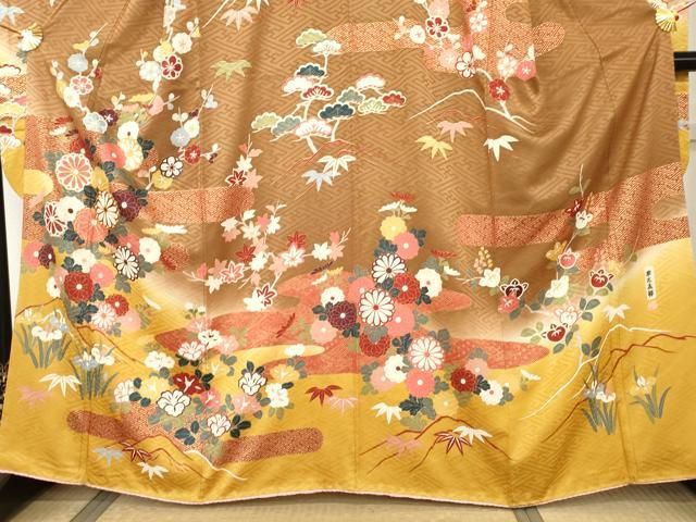 平和屋着物●豪華振袖 駒刺繍 草木染 エ霞松竹梅文 暈し染め 金彩 正絹 逸品 AABN0623cs