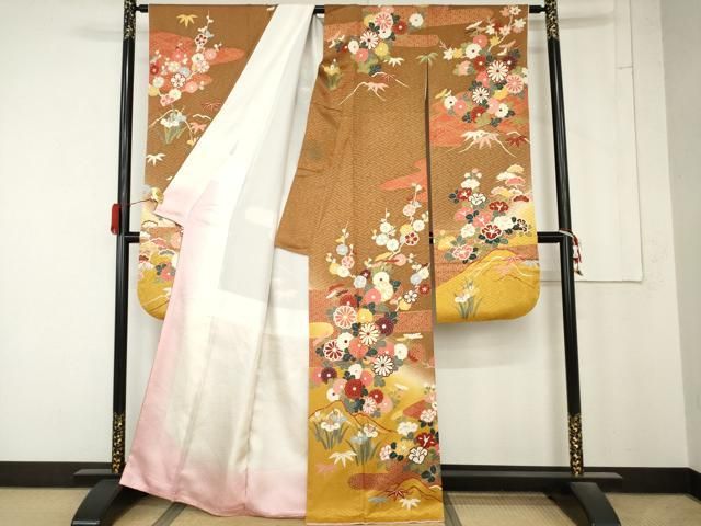 平和屋着物●豪華振袖 駒刺繍 草木染 エ霞松竹梅文 暈し染め 金彩 正絹 逸品 AABN0623cs