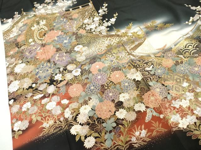平和屋着物●豪華黒留袖 泰常 吉祥草花文 暈し染め 金銀彩 正絹 逸品 AABN0645cs