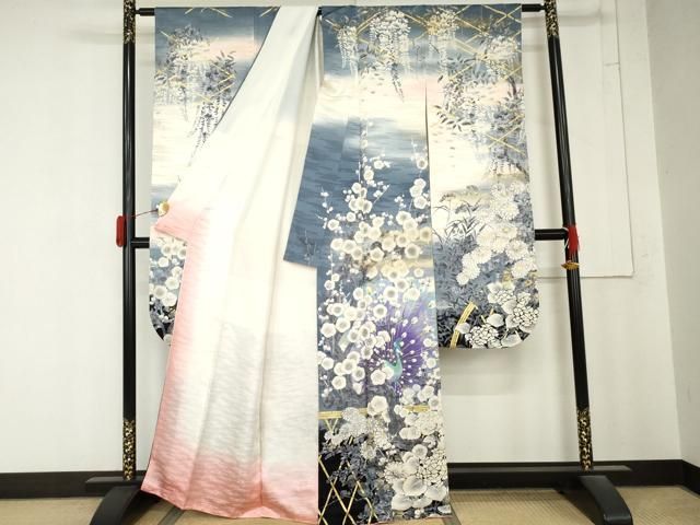 平和屋着物●豪華振袖 孔雀草花文 金彩 正絹 逸品 AABN0646cs
