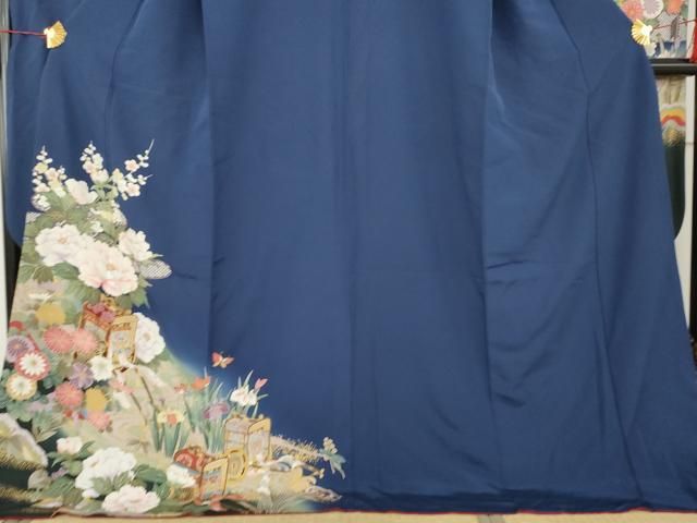 平和屋着物●豪華振袖 駒刺繍 御所車花蝶文 金彩 京都きもの友禅扱い ロング丈 正絹 逸品 AABN0700cs