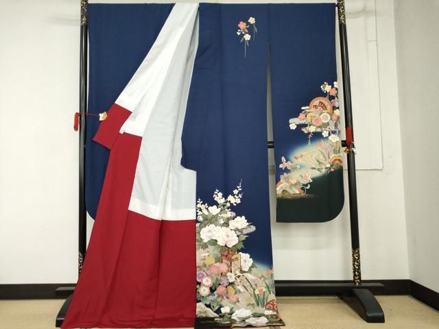 平和屋着物●豪華振袖 駒刺繍 御所車花蝶文 金彩 京都きもの友禅扱い ロング丈 正絹 逸品 AABN0700cs