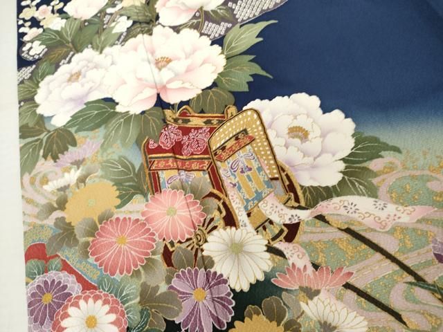 平和屋着物●豪華振袖 駒刺繍 御所車花蝶文 金彩 京都きもの友禅扱い ロング丈 正絹 逸品 AABN0700cs