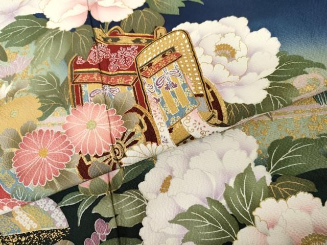 平和屋着物●豪華振袖 駒刺繍 御所車花蝶文 金彩 京都きもの友禅扱い ロング丈 正絹 逸品 AABN0700cs