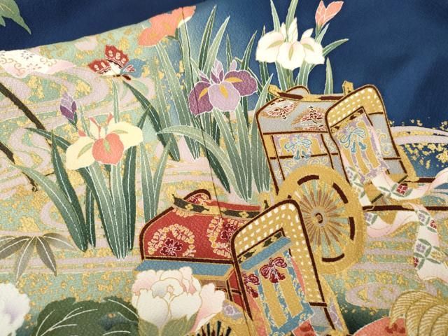 平和屋着物●豪華振袖 駒刺繍 御所車花蝶文 金彩 京都きもの友禅扱い ロング丈 正絹 逸品 AABN0700cs