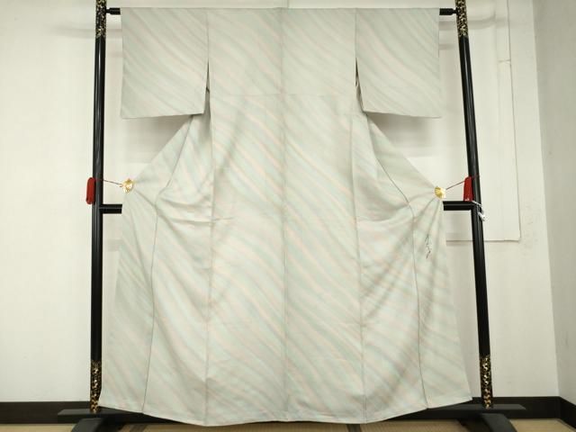 平和屋着物●染色作家 斉藤三才 小紋 斜縞 暈し染め 正絹 逸品 AABN0716cs
