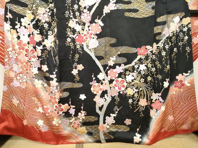 平和屋着物●豪華振袖 鳳凰花文 暈し染め 黒地 金銀彩 正絹 逸品 AABN0726ck